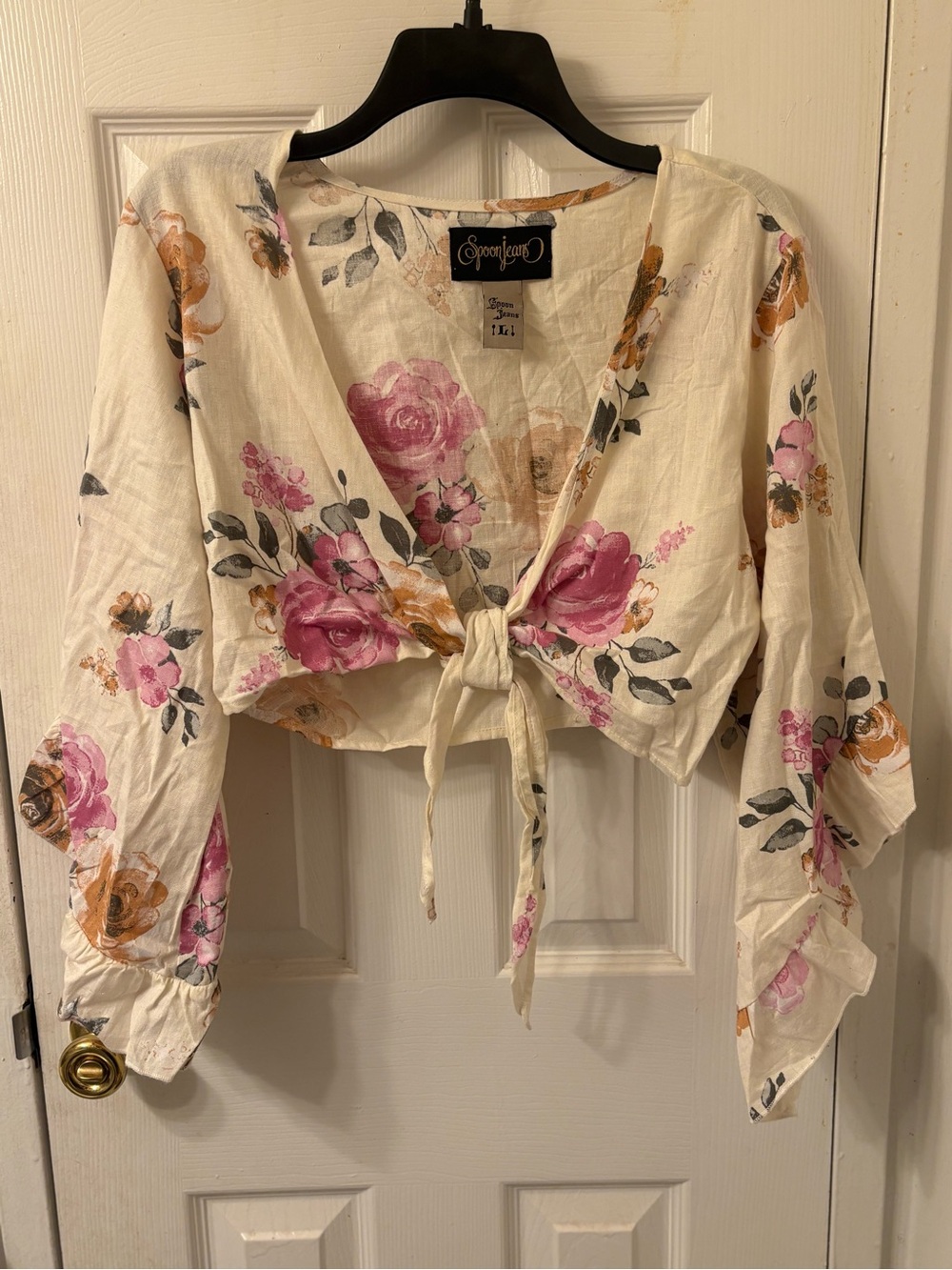 Spoon Jeans Cream Floral Tie-Front Crop Top with Pink & Mustard Roses